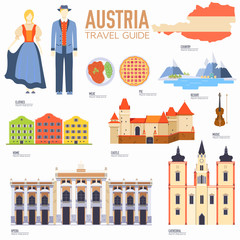 Country Austria travel vacation guide of goods, places and features. Set of architecture, people, culture, icons background concept. Infographics template design for web and mobile. On flat style