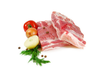 Raw Meat. Pork belly, two pieces with dill, onion and tomato isolated on white background