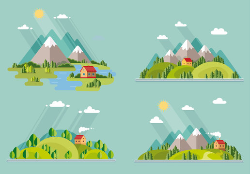 summer  landscape set. Houses in the mountains among the trees,