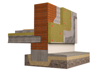 Detail of a wall insulated with rock wool isolated on white background