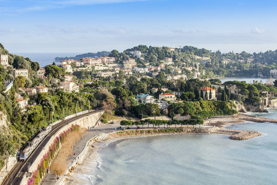 Villefranche-sur-Mer, FRANCE, on JANUARY 10, 2016. Sea coastal landscape. The railroad going along the sea
