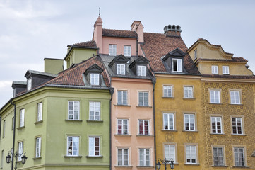 Facades of houses located in Warsaw's Castle Square, it is a historic square in front of the Royal Castle, Poland