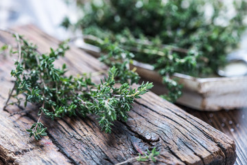 Garden fresh Thyme on rustic board