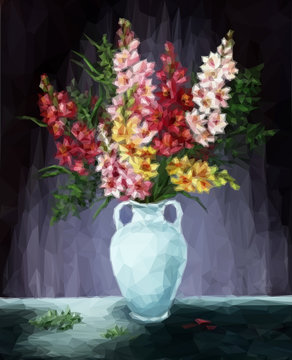 Freesia Flowers Bouquet in Amphora, Low Poly Picture. Vector
