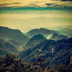 View mountain and mist vintage for natural background