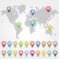 World map with collection of 3D pointers