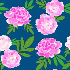 Gordijnen Seamless pattern with hand-drawn pink peonies. Snorkel Blue background © bell1982