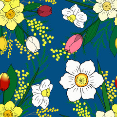 Seamless pattern with hand-drawn spring flowers. Snorkel Blue background