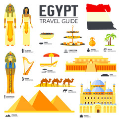 Country Egypt travel vacation guide of goods, places and features. Set of architecture, people, culture, icons background concept. Infographics template design for web and mobile. On flat style