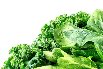 Detailed macro of curly-leafed kale and spinach leaves with whit - obrazy, fototapety, plakaty