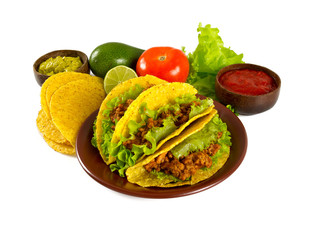 plate with tacos and nachos isolated on white