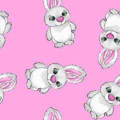 Cartoon rabbits. Watercolor seamless pattern 09