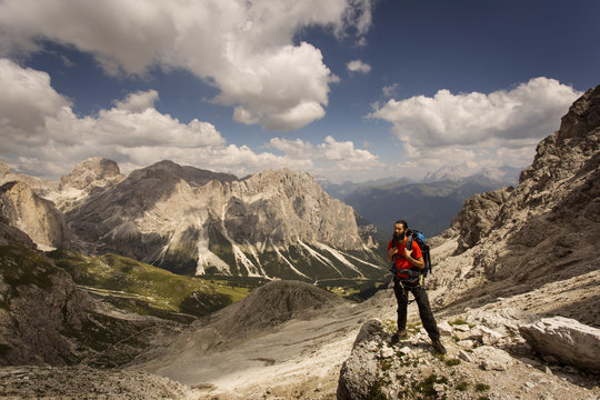 Man on treeking in Dolomites Mountain, Italy
