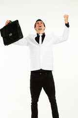 Excited man with briefcase.