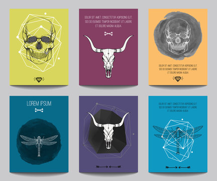 Vector set of modern posters with human skulls, bull skulls, dragonflies, geometrical shapes. Trendy hipster style for flyers, banners, brochures, invitations, business contemporary design.