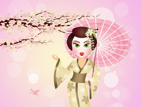 Japanese Geisha With Umbrella