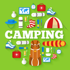 Fototapeta premium Camping equipment set circle infographics template concept. Icons design for your product or design, web and mobile applications. Vector flat with long shadow illustration on blue background