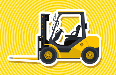 Yellow fork lift loader with outline. Loading of material. Professional illustration for internet banner poster or icon. Flatten master vector Truck Digger Crane Small Bagger Mix Roller Excavator