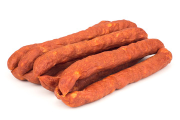 Smoked sausages on white background