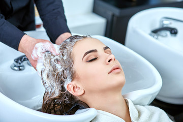 shampoo for hair, beauty salon, hair wash - obrazy, fototapety, plakaty