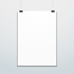 vertical poster suspended on office clips mockup.