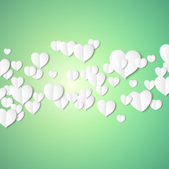 White paper hearts, Valentines day card on emerald background, vector illustration