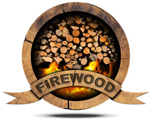 Firewood - Wooden Symbol / Wooden symbol with a pile of firewood and flames, text Firewood on a wooden ribbon. Isolated on white background