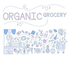 Obraz premium Templates for design of organic grocery store with hand drawn linear vegetables