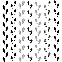 Vector set of human footprints icon. Collection of bare foots, boots, sneakers, shoes with heels. Design for frames, textile, fabric, invitation and greeting cards, booklets and brochures