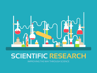 Scientific research in flat design background concept. laboratory equipment supplies with chemistry tools. Icons for your product or illustration, web and mobile applications