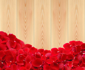 beautiful red rose petals on wooden planks texture close-up
