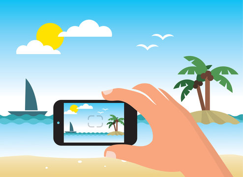 Taking picture of a beach by smart phone - flat design