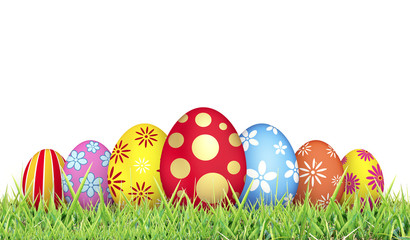 easter eggs in fresh green grass with white background