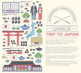 Country Japan travel vacation guide of goods, places and features. Set of architecture, fashion, people, items, nature background concept. Infographic template design for web and mobile on thin lines