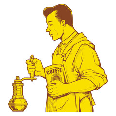 Vector illustration of man grinding coffee with pepper grinders. vintage coffee ink drawing.