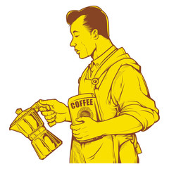 Vector illustration of man holding moka pot. vintage coffee ink drawing.