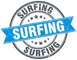 surfing blue round grunge vintage ribbon stamp