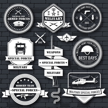 military army set label template of emblem element for your product, logo or design, web and mobile applications with text. Vector illustration with thin lines isolated icons on stamp symbol