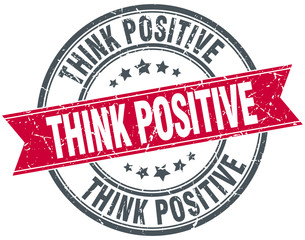 think positive red round grunge vintage ribbon stamp