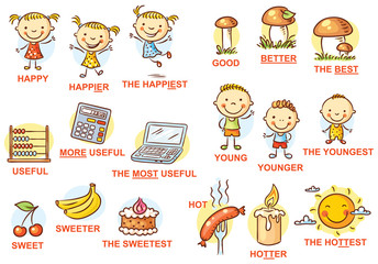 Degrees of comparison of adjectives in pictures, colorful cartoon