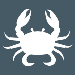 Stylized icon of  crab in white on a colored background