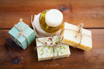 close up of handmade soap bars on wood