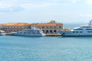 Luxurious yachts on the port of Syros, Greece.