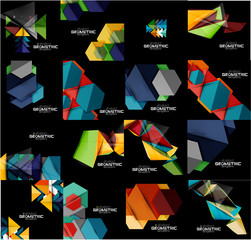 Set of geometrical abstract black backgrounds with multicolored shapes