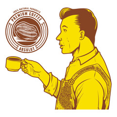 vintage vector illustration of man drink coffee. a classic badge of premium coffee
