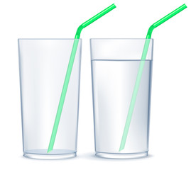 Glass of water with drinking straw.