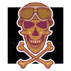 vector retro illustration of human skull head wearing Vintage Combat helmet and Vintage Motorcycle Goggle and isolated crossbones
