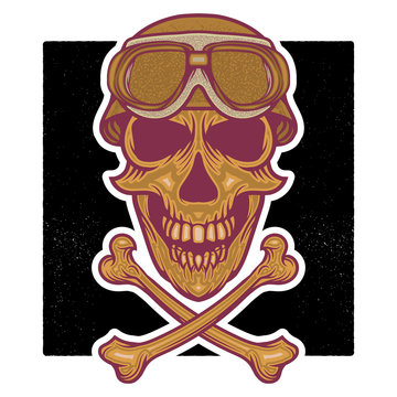 vector retro illustration of human skull head wearing Vintage Combat helmet and Vintage Motorcycle Goggle and isolated crossbones