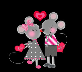 Two cute gray mice on black background in love on Valentine's Day exchanging valentines with each other.