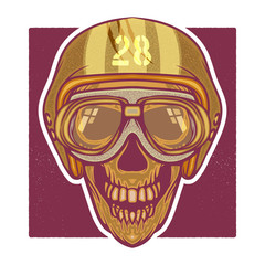 vector retro illustration of biker skull head wearing Vintage motorcycle helmet